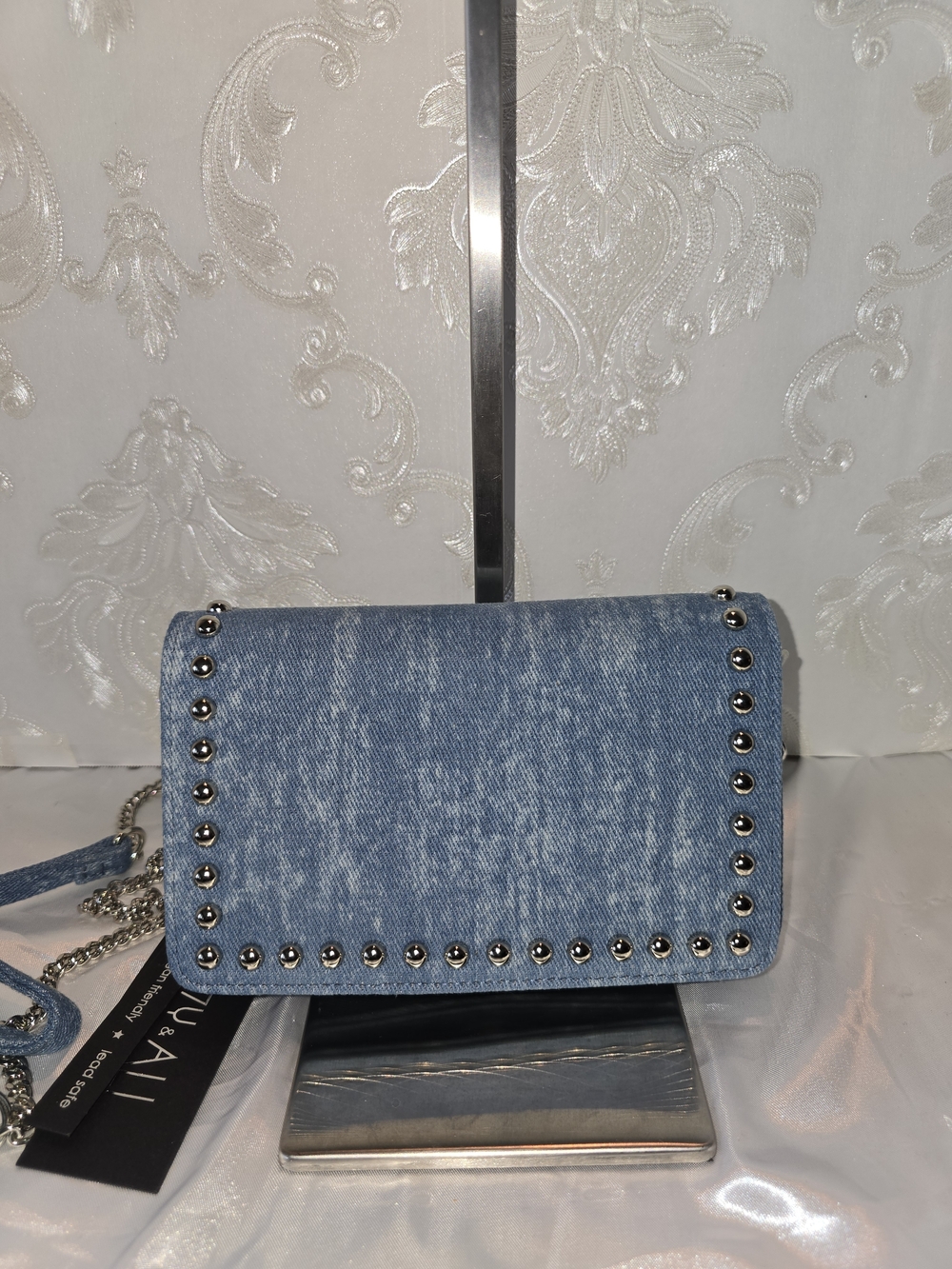 Denim Studded Crossbody Bag - Light Blue